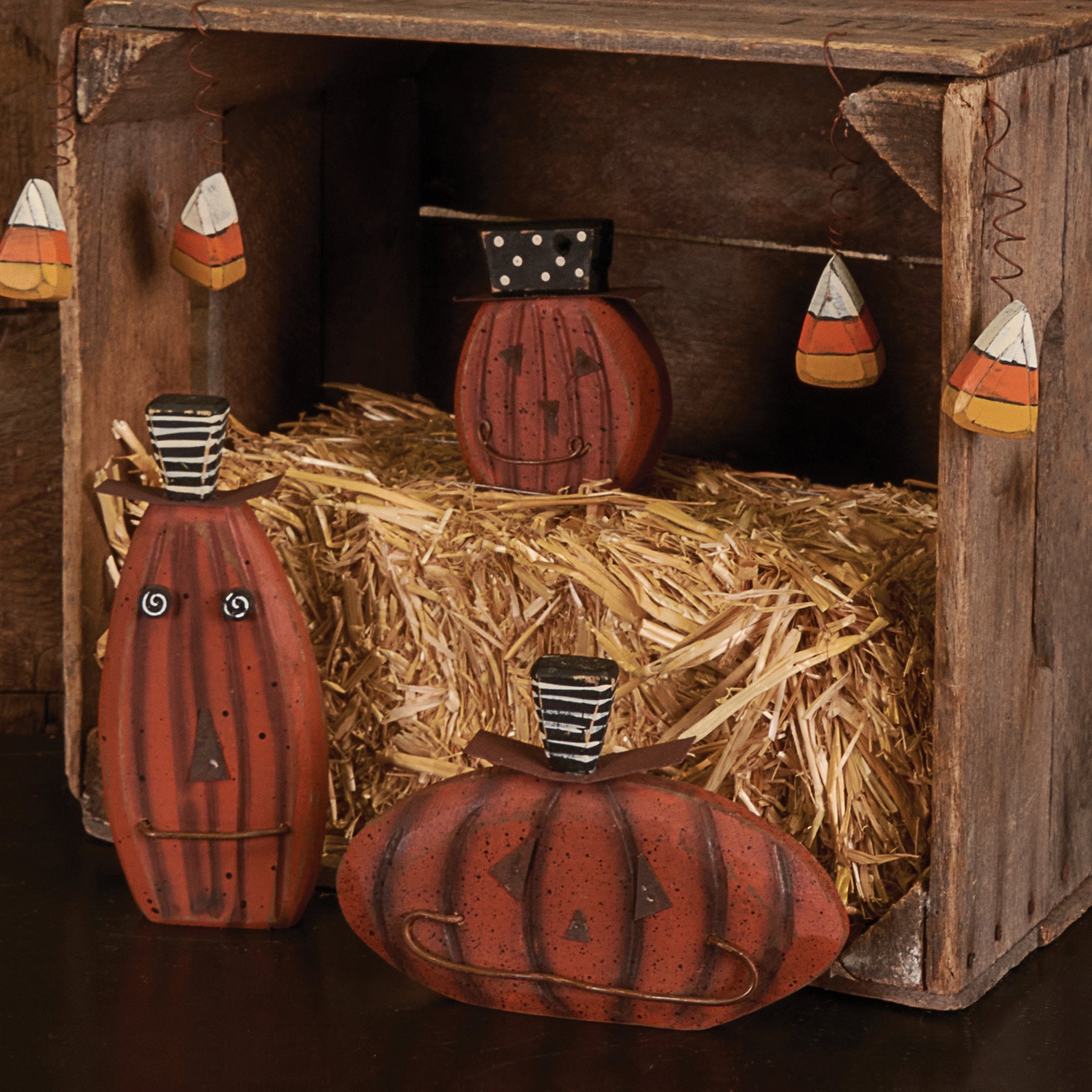 Charming Rustic Wooden Jack-O'-Lantern Sitter Set for Fall Halloween Decor