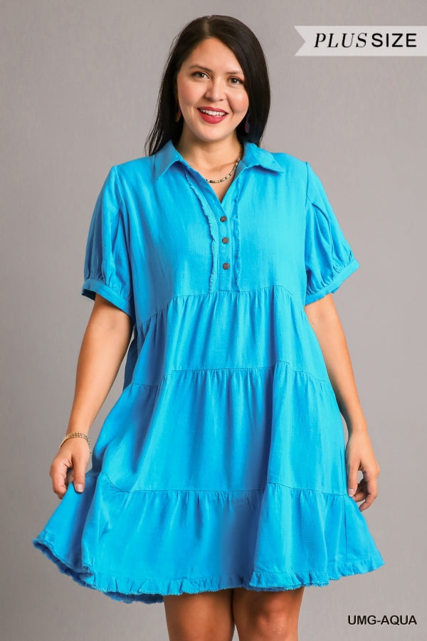 Umgee Linen Collared Tiered Dress with Pleated Sleeves & Coconut Button