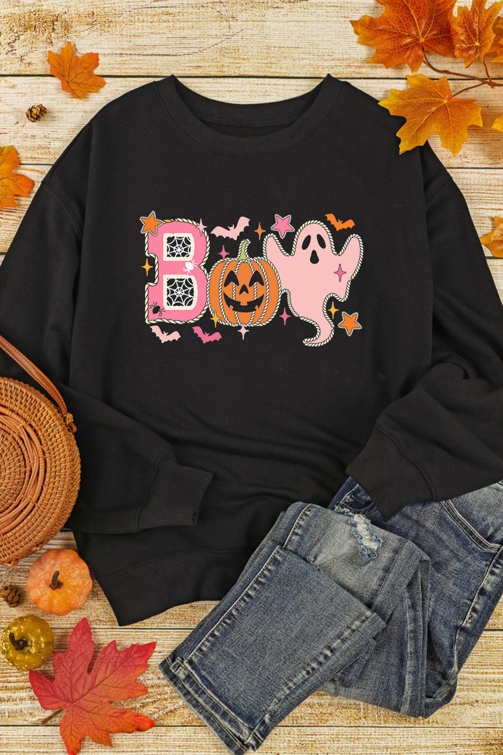 Black BOO Pumpkin Ghost Print Graphic Halloween Sweatshirt