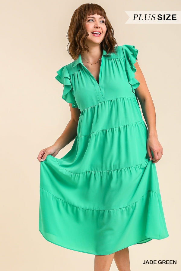 Umgee Collar Split Neck Short Ruffle Sleeves Tiered Midi Dress with No Lining