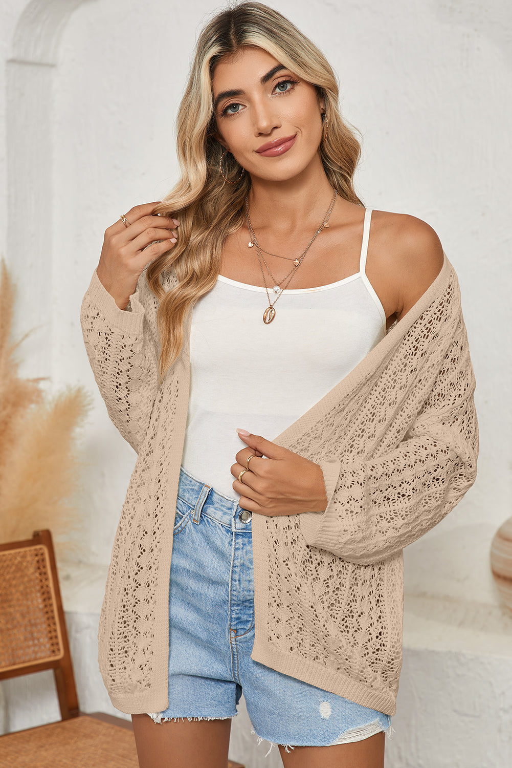 White Hollow Out Crochet Knit Drop Shoulder Open Front Cardigan