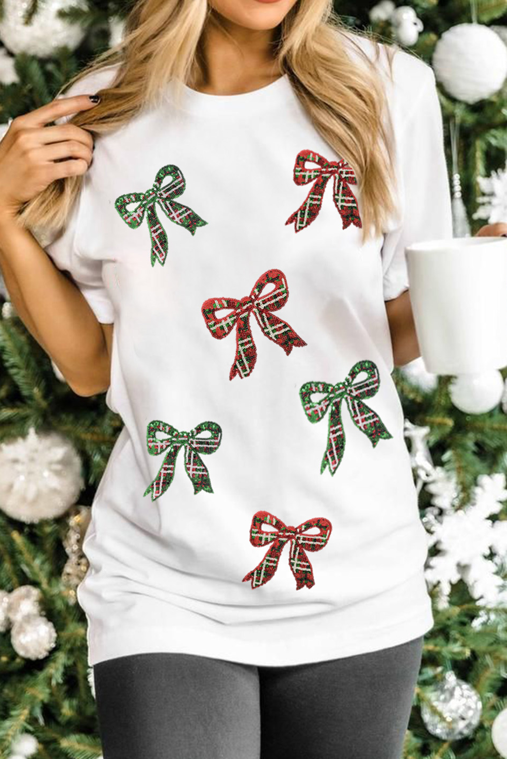 White Christmas Bowknot Patched Graphic Cotton Blend T Shirt