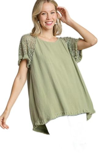 Umgee Linen Blend Floral Crochet Detailed Short Sleeve Round Neck Top with Fringed Hem