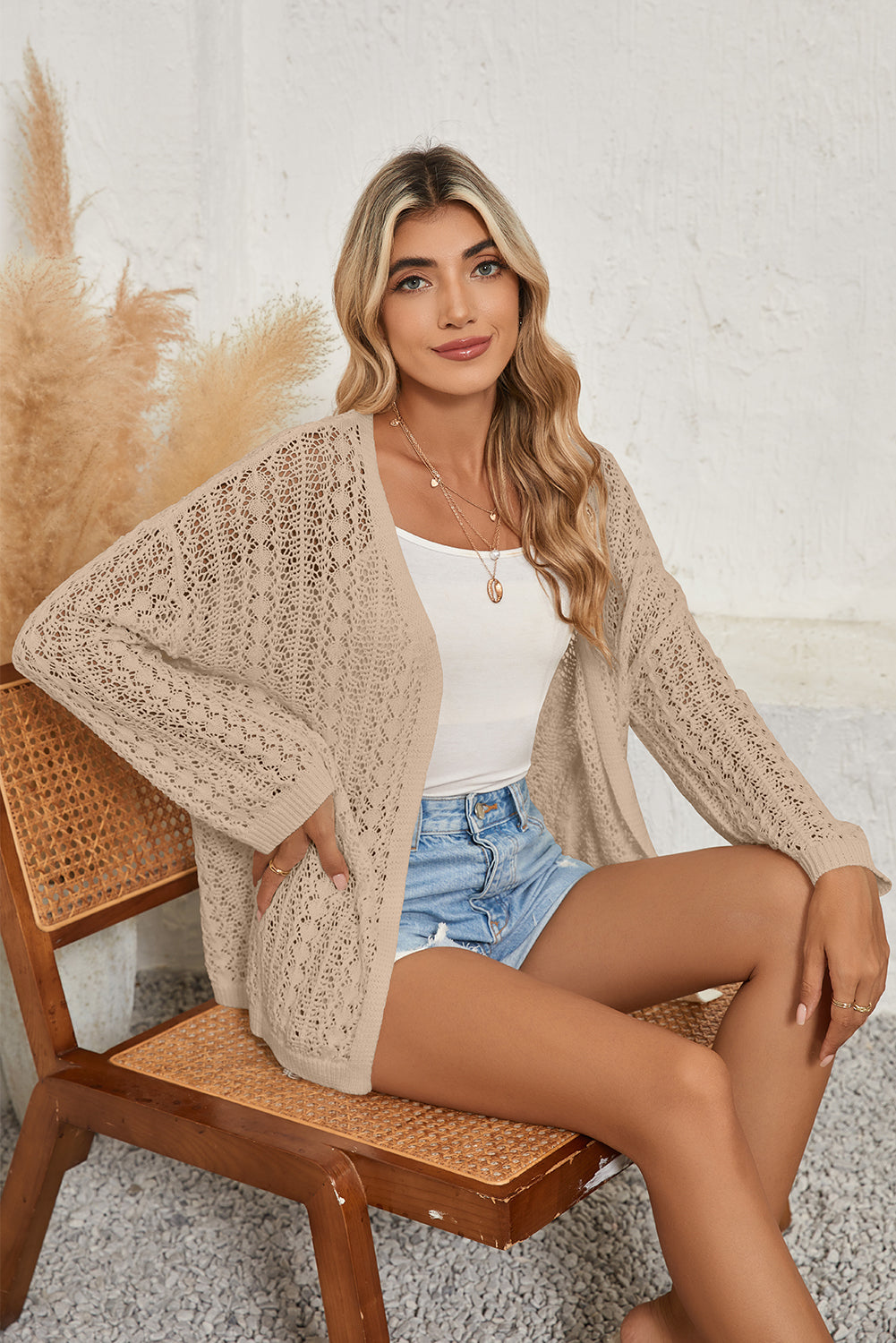 White Hollow Out Crochet Knit Drop Shoulder Open Front Cardigan