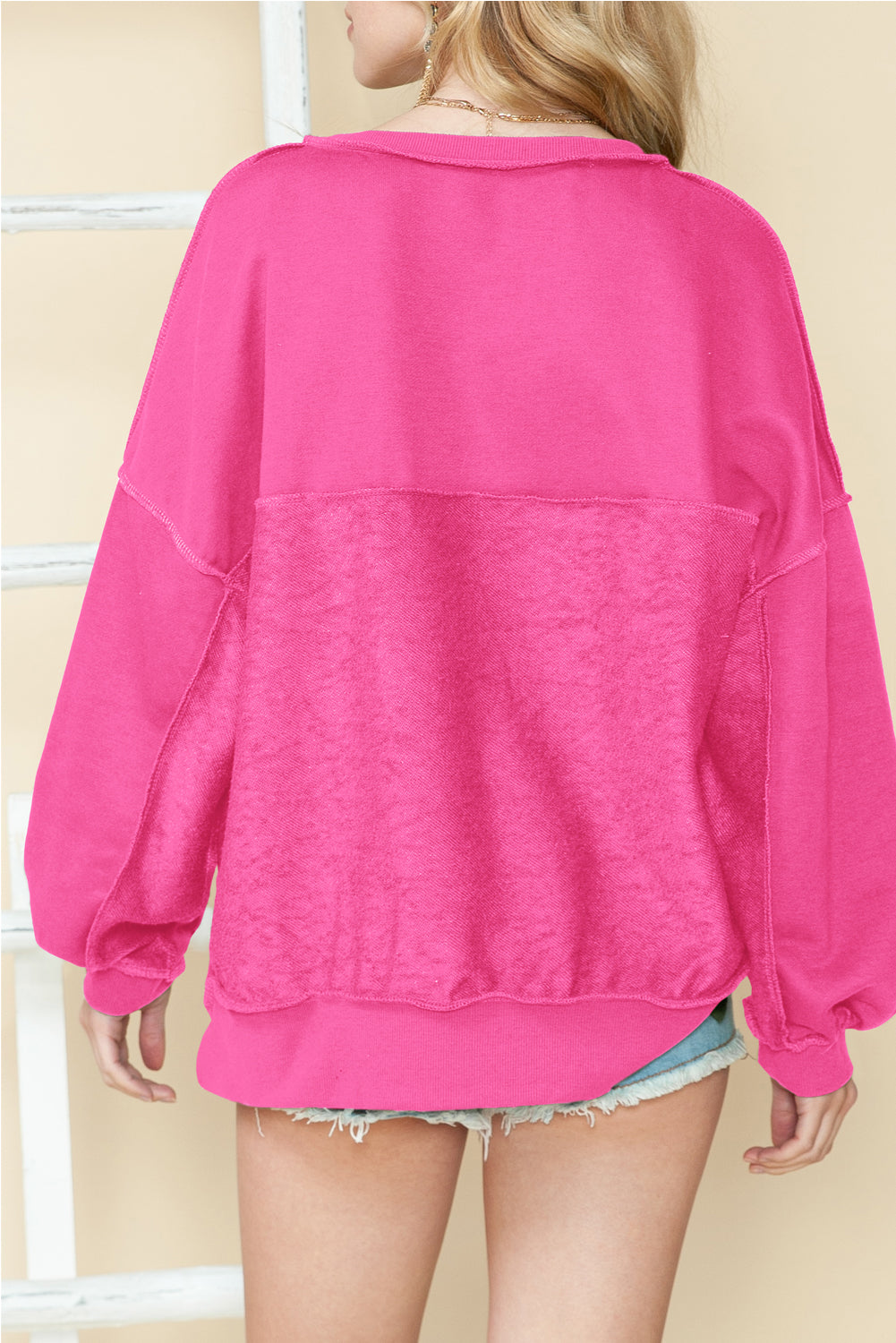 Hot Pink Slouchy Drop Shoulder Henley Sweatshirt