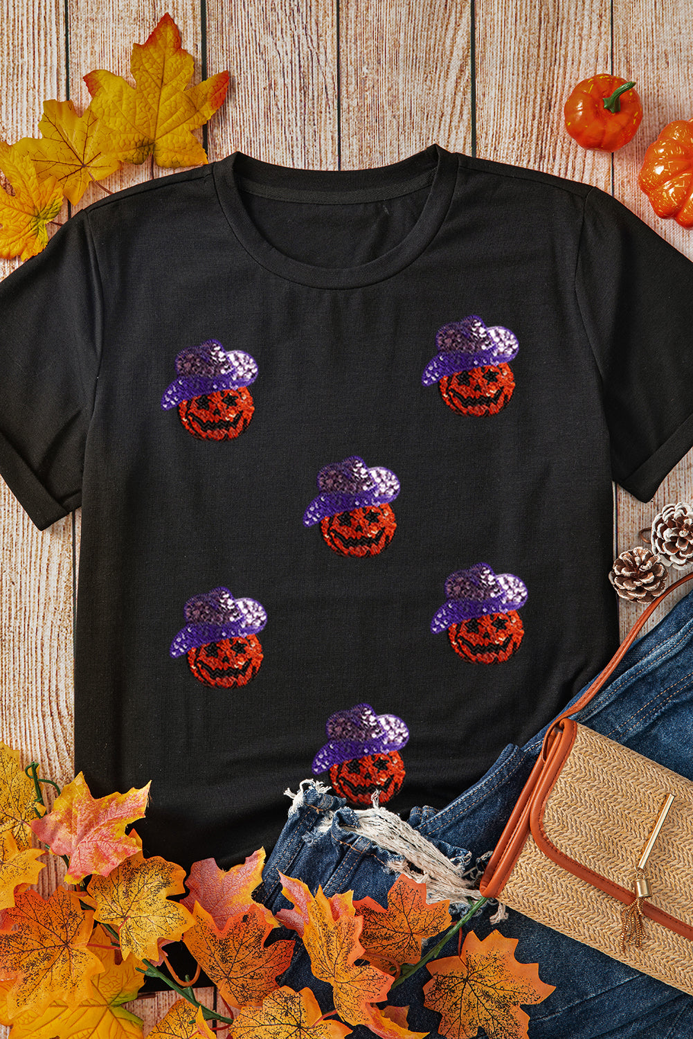 Black Sequin Hat Pumpkin Graphic Crewneck Halloween T Shirt