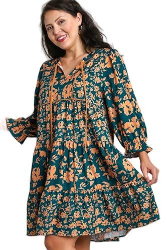 Umgee Floral Printed Mixed Tiered Dress 3/4 Sleeve