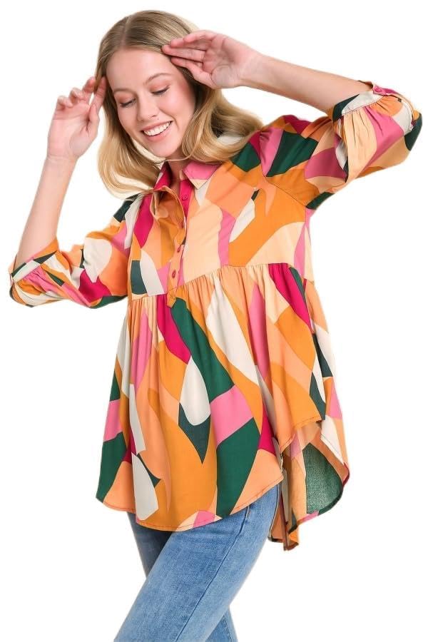 Umgee Abstract Print 3/4 Puff Sleeve Button Up Collared Babydoll Top