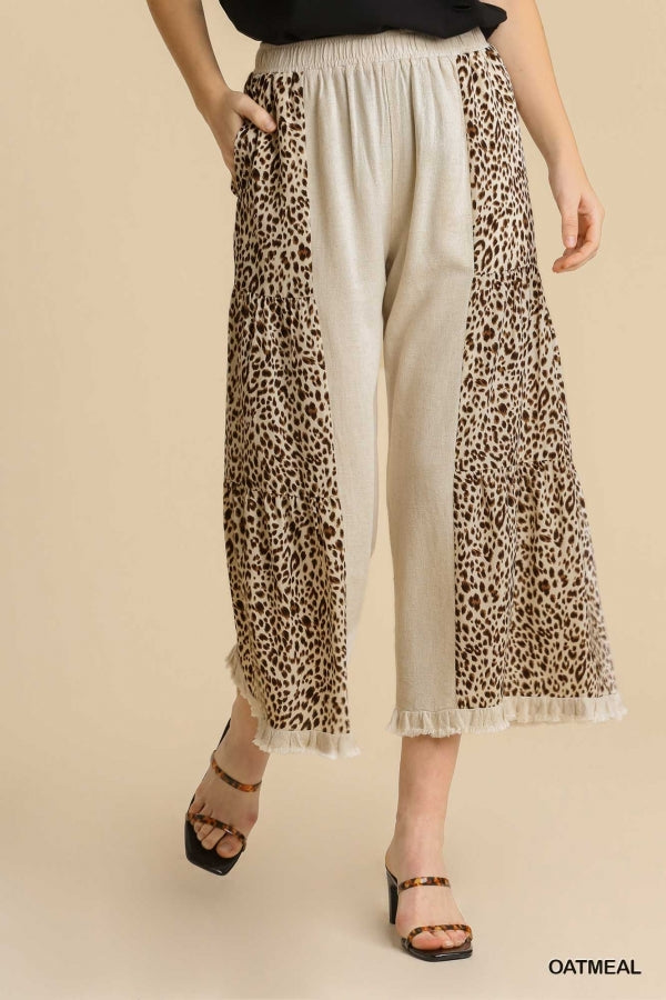 Umgee Linen Blend Animal Print Elastic Waistband Wide Leg Pants with Pockets and Fringed Hem