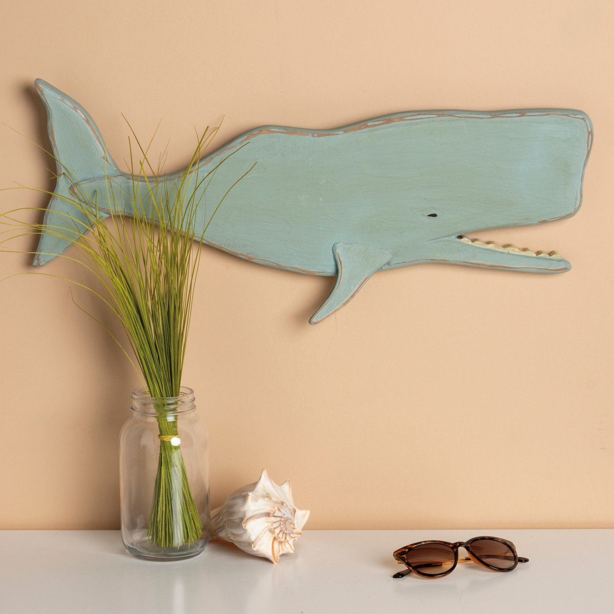 Charming Coastal Wooden Whale Wall Decor - Hand-Carved Beach House Accent