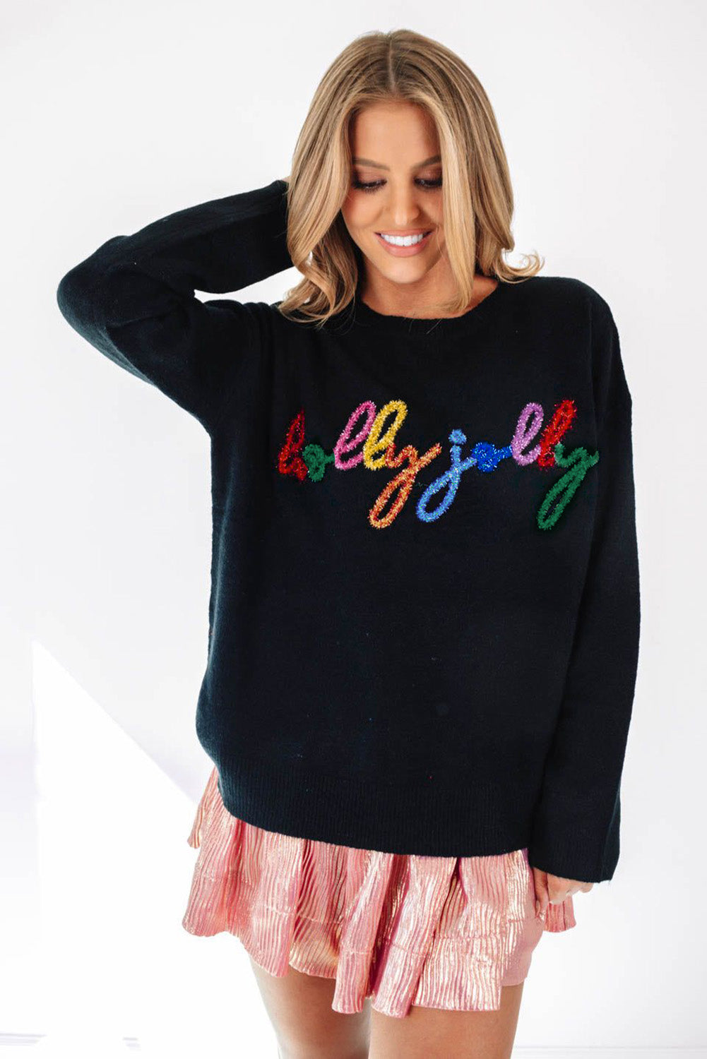 White Glitter Merry & Bright Round Neck Knit Sweater