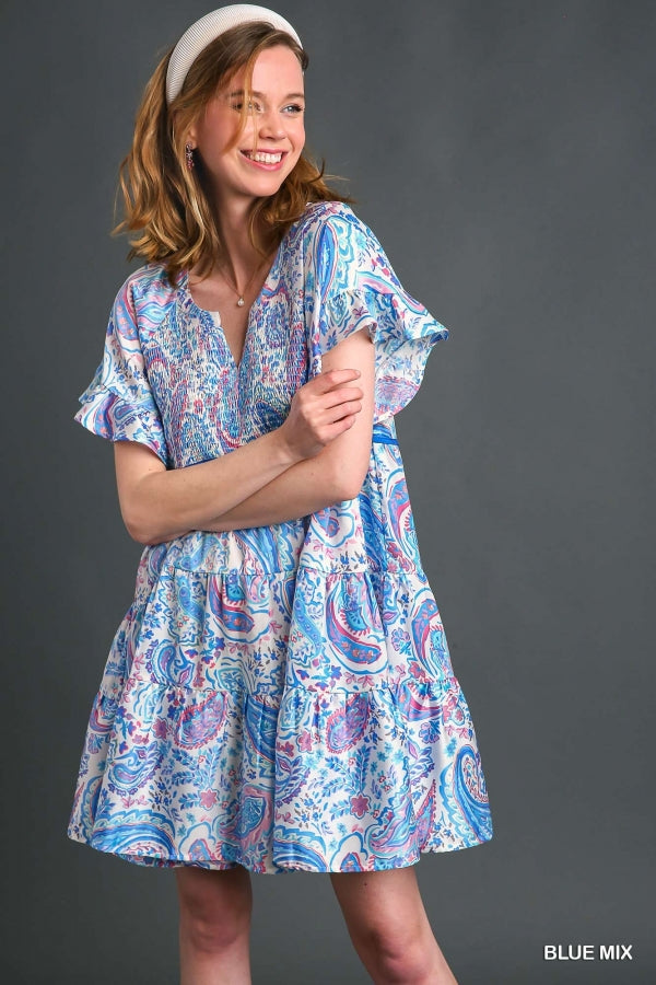 Umgee Mixed Print Tiered Dress Smocking Chest Detail, Contrast Binding & Ruffle Short Sleeves