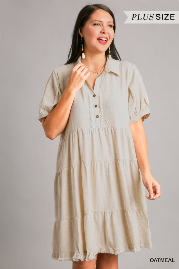 Umgee Linen Collared Tiered Dress with Pleated Sleeves & Coconut Button