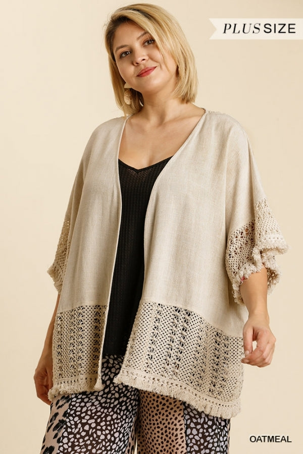 Umgee Linen Blend Crochet Detail Open Front Cardigan with Tassel Frayed Hem