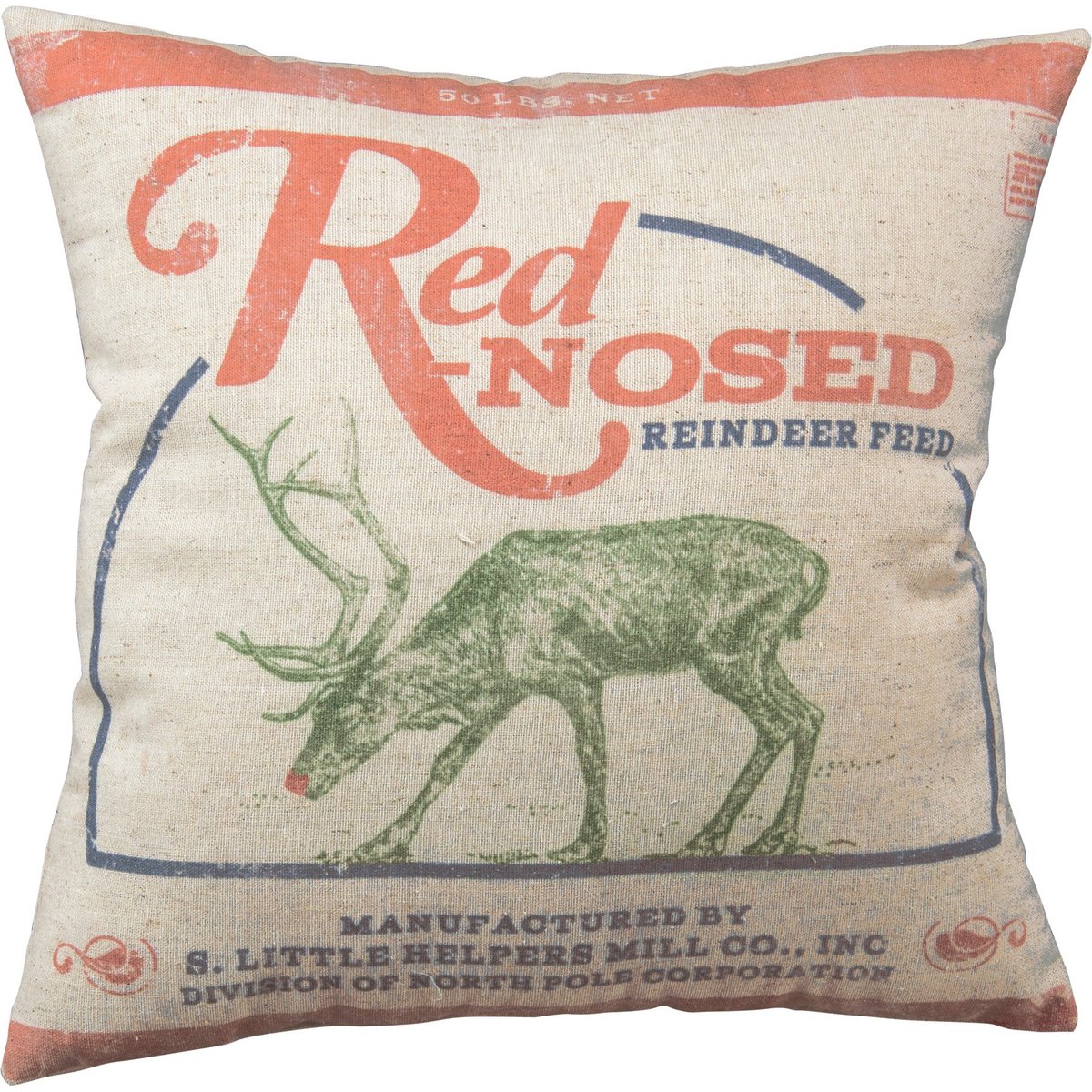 Distressed Red-Nosed Reindeer Feed Cotton Linen Christmas Throw Pillow