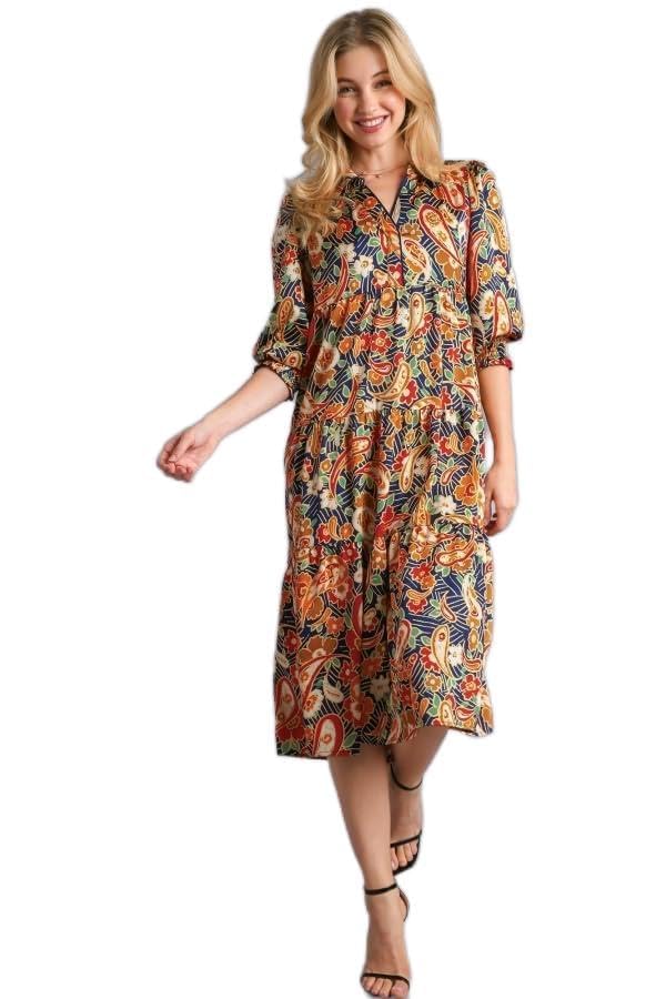 Umgee USA Satin Paisley Tiered Midi Dress with Collar