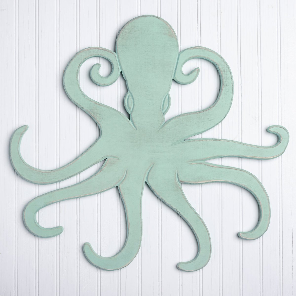 Distressed Sea Foam Green Wooden Octopus Wall Decor for Beachy Home