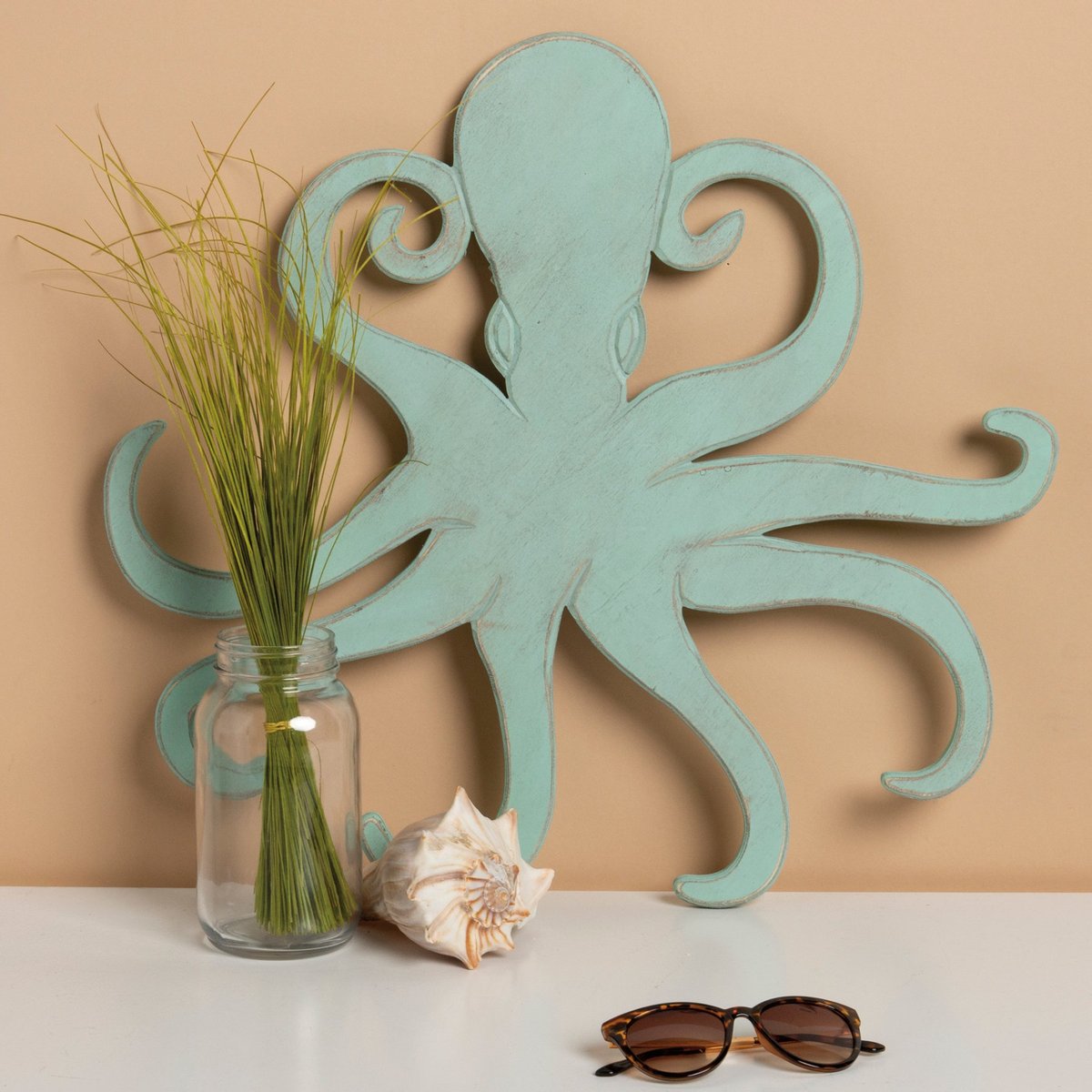 Distressed Sea Foam Green Wooden Octopus Wall Decor for Beachy Home
