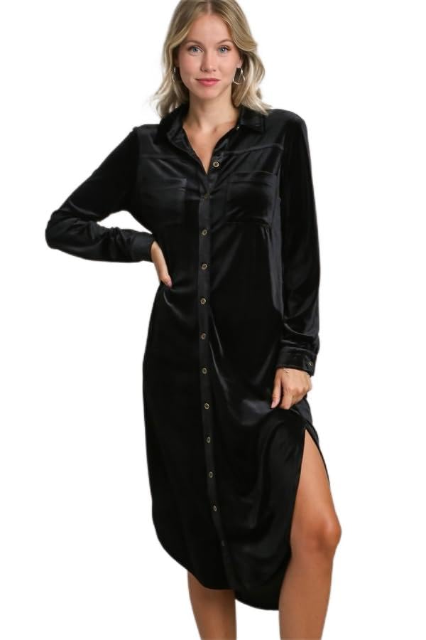 Umgee USA Velvet Long Sleeve Collar Button Down Dress with Chest Pockets