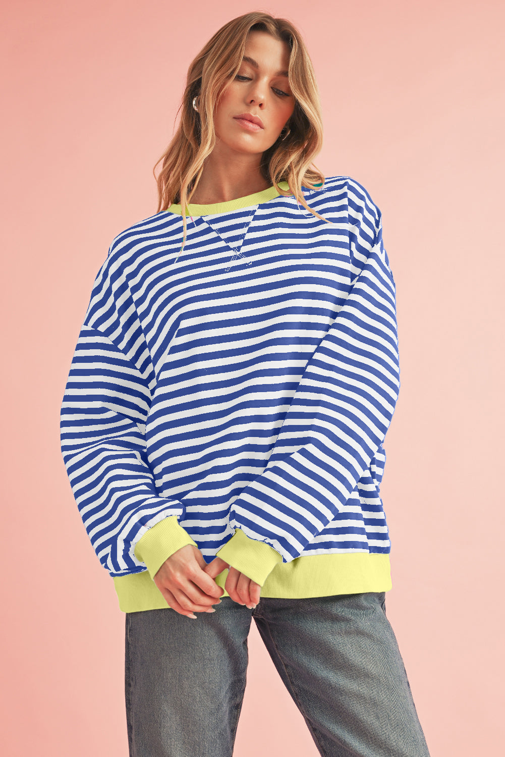 Sky Blue Stripe Contrast Edge Oversized Pullover