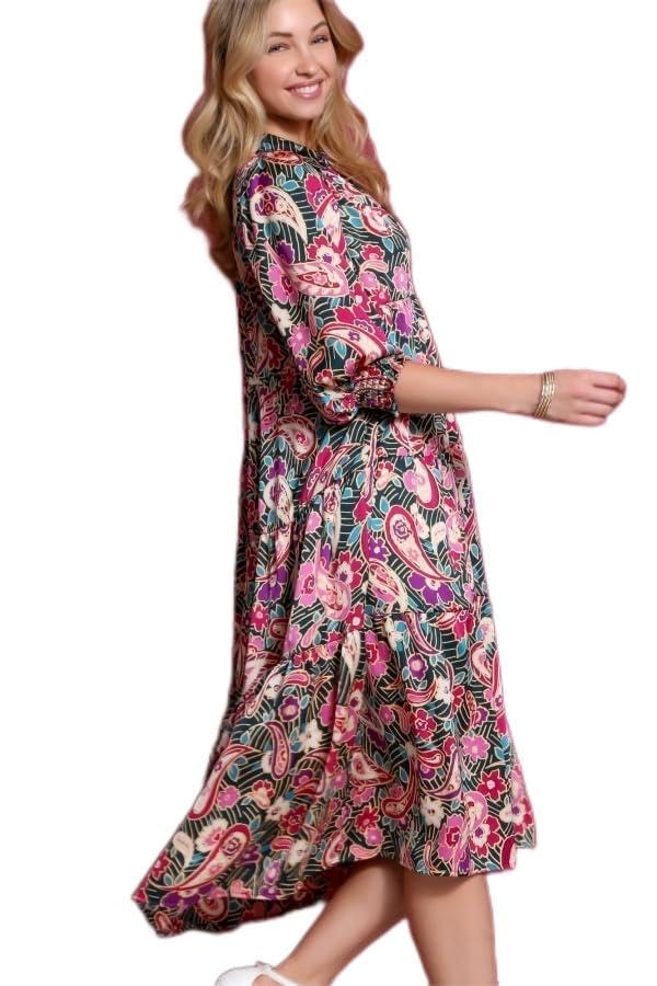 Umgee USA Satin Paisley Tiered Midi Dress with Collar