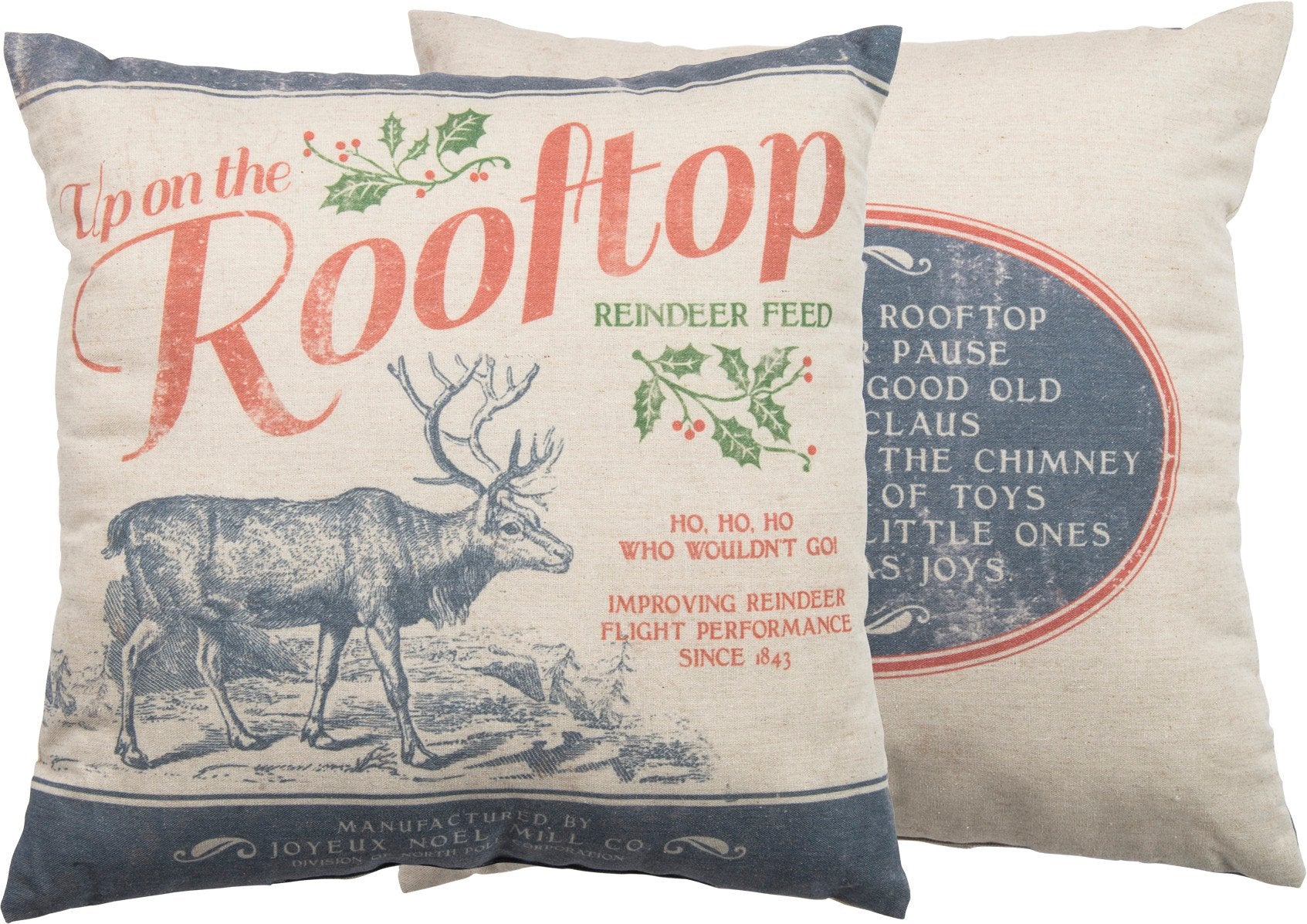 Charming Christmas Rooftop Reindeer Feed Cotton Linen Decorative Holiday Throw Pillow