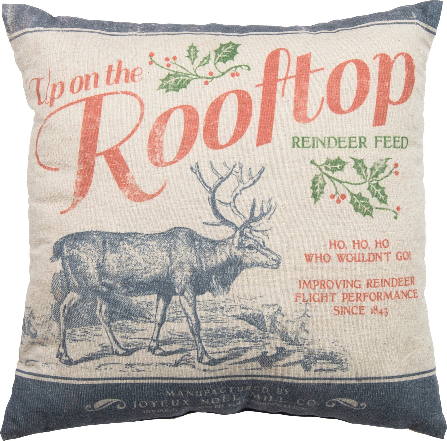 Charming Christmas Rooftop Reindeer Feed Cotton Linen Decorative Holiday Throw Pillow