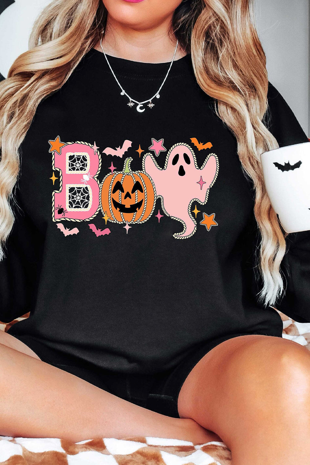 Black BOO Pumpkin Ghost Print Graphic Halloween Sweatshirt