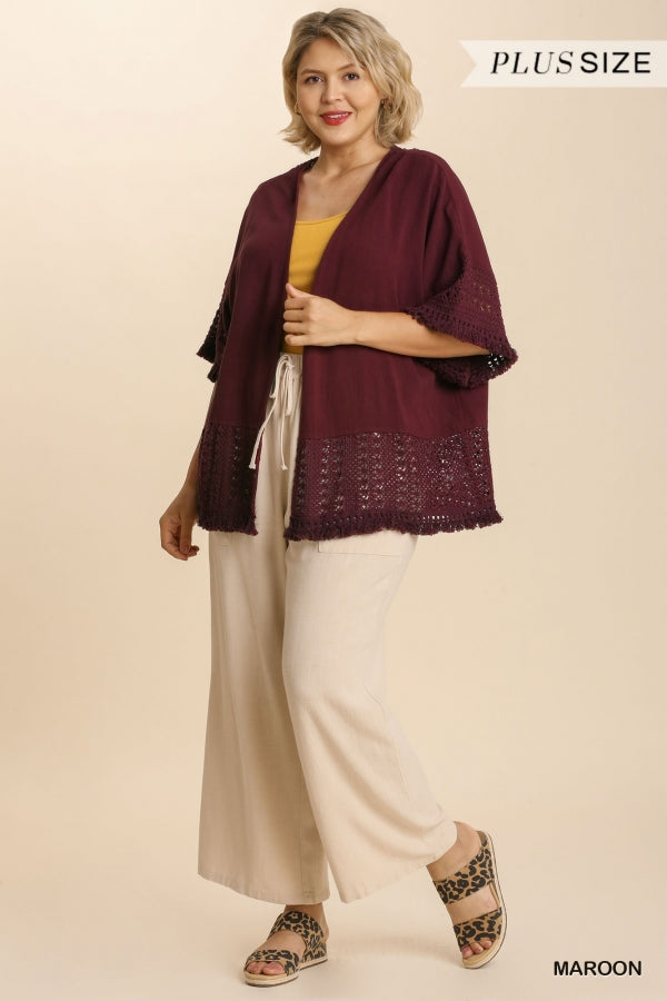 Umgee Linen Blend Crochet Detail Open Front Cardigan with Tassel Frayed Hem