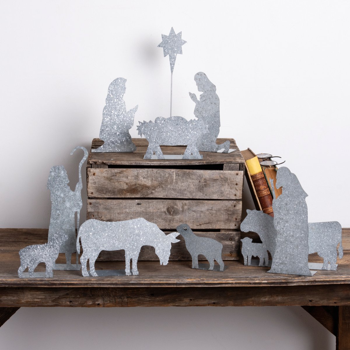 Primitives by Kathy Galvanized Metal Nativity Scene Stand Up Set, 10 Pieces, Christmas Decor
