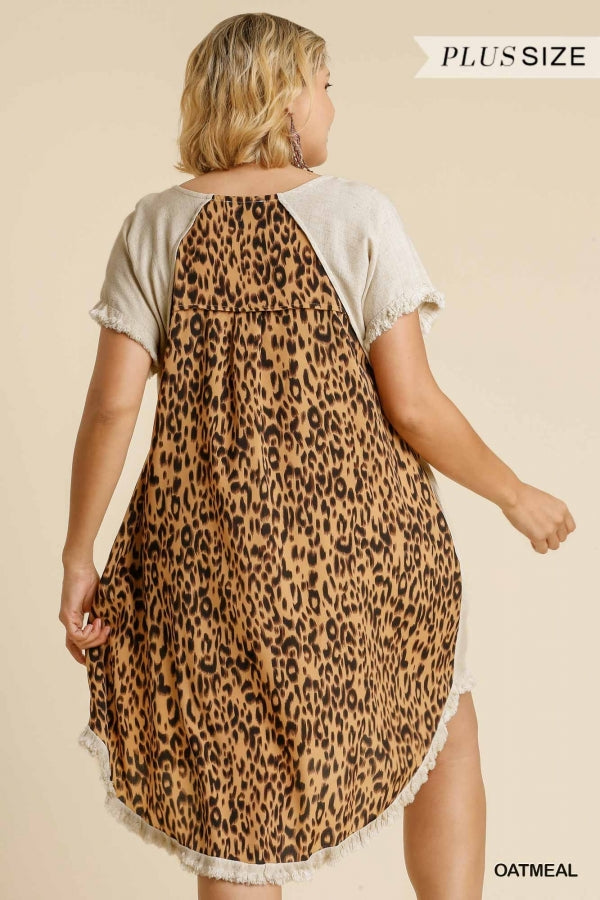 Umgee Linen Blend Short Sleeve Round Neck Animal Print Back Dress with High Low Fishtail Scoop Ruffle Hem