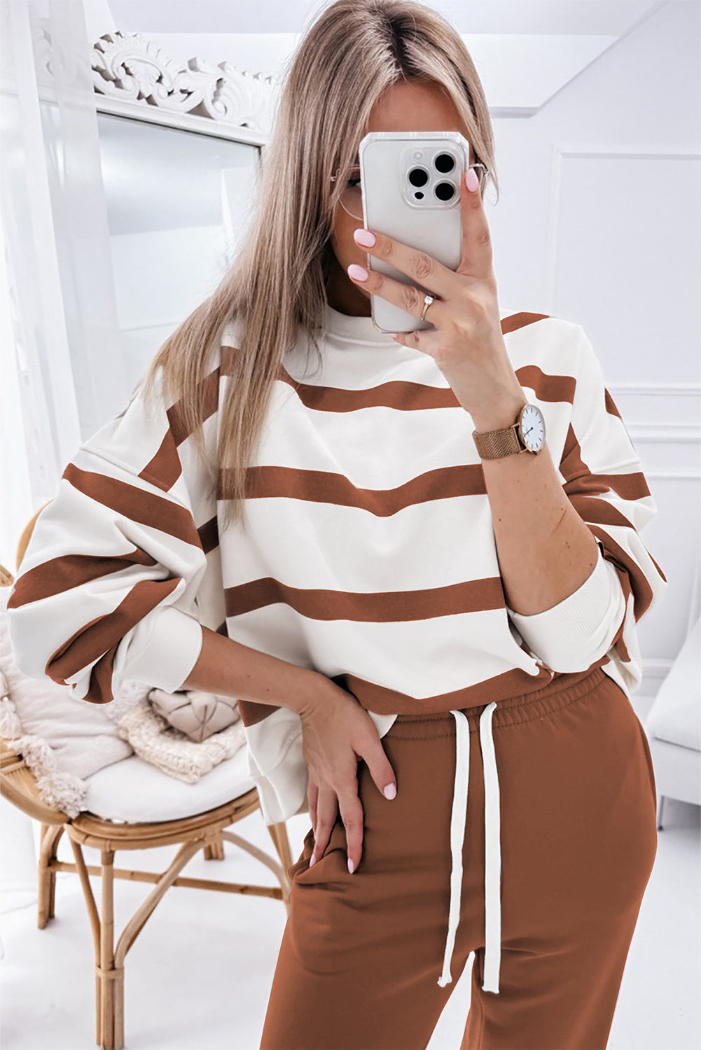 Black Striped Drop Shoulder Pullover and Joggers Set