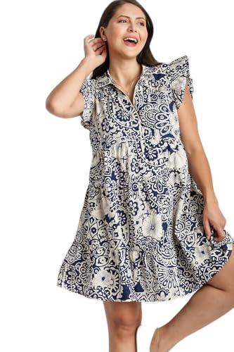 Umgee Abstract Print V-Neck Babydoll Dress with Ruffled Cap Sleeves