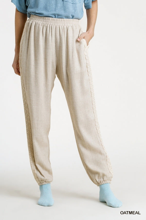 Umgee Linen Blend Side Lace Detail Jogger Pants