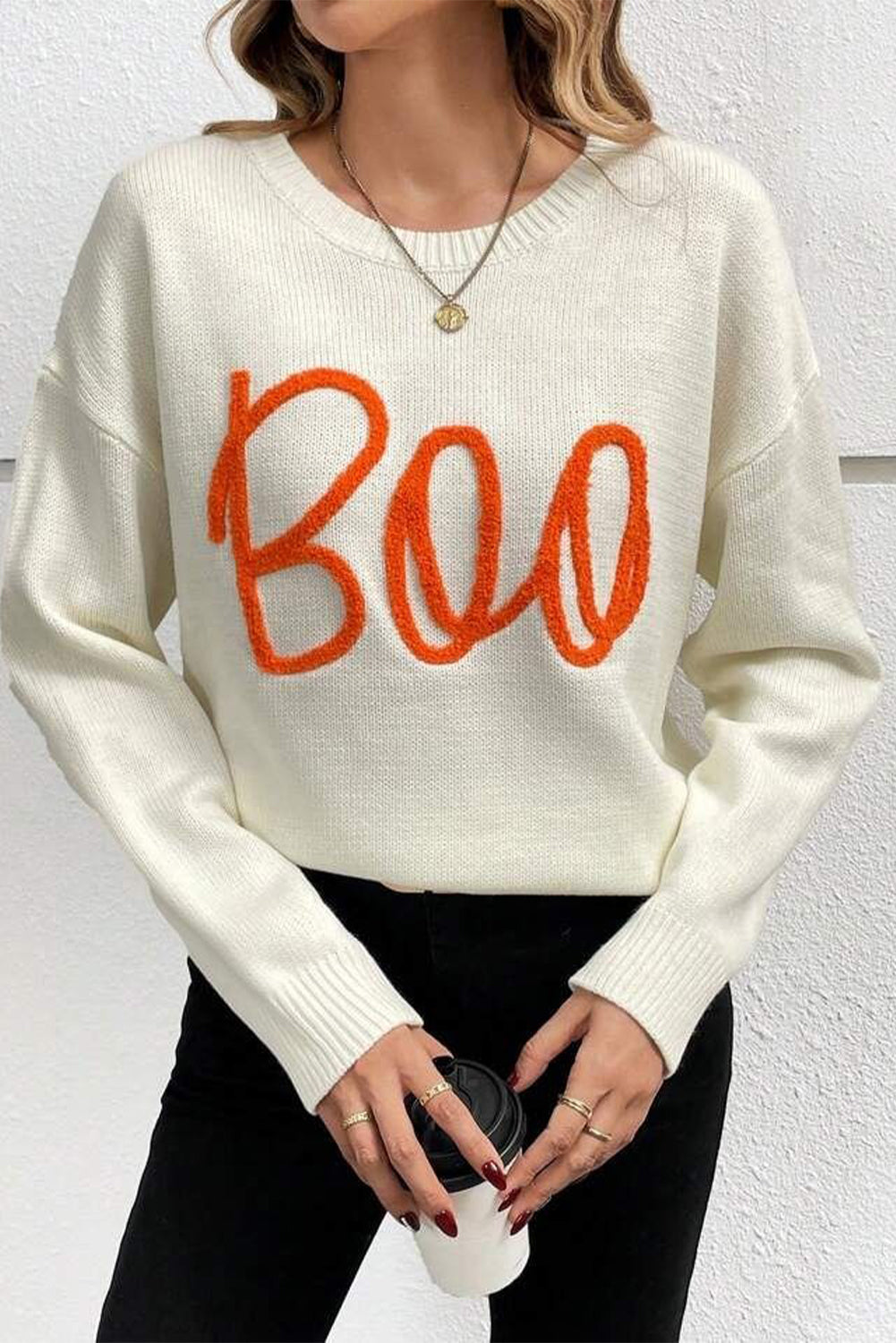 Orange Halloween Boo Drop Shoulder Knit Sweater