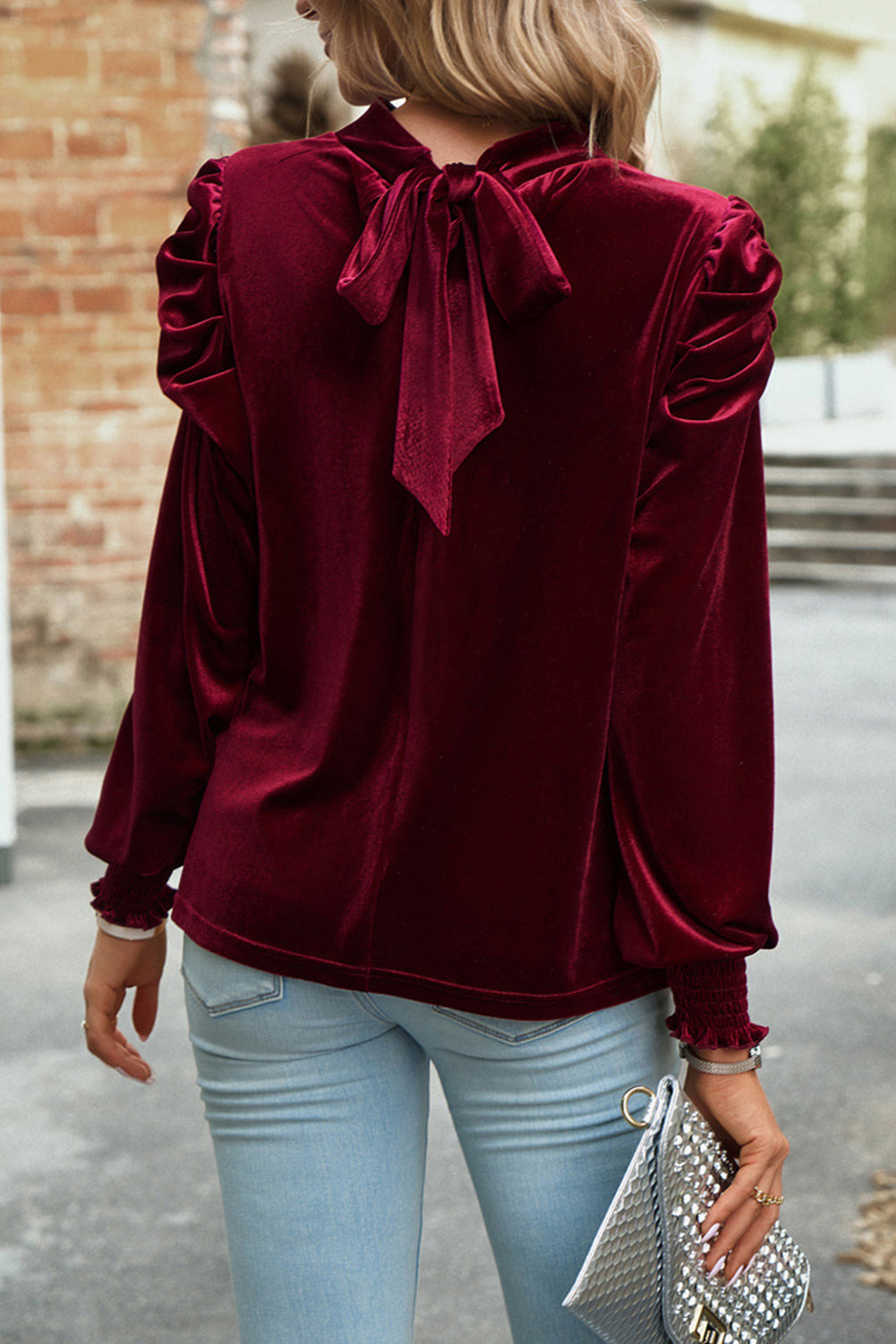 Navy Blue Mock Keyhole Neck Puff Sleeve Velvet Blouse