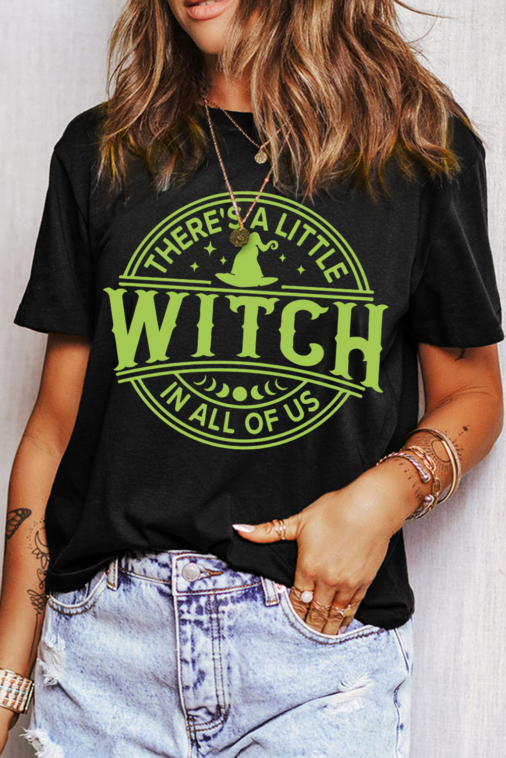 Black WITCH Crew Neck Halloween Graphic T Shirt