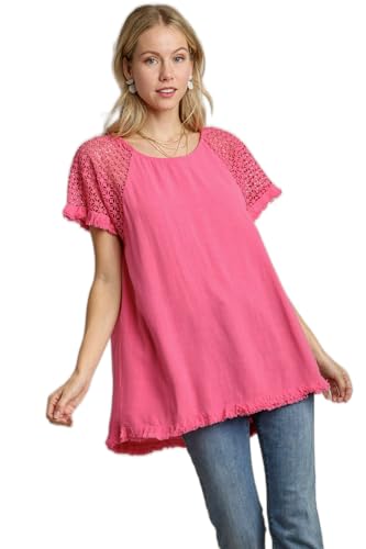 Umgee Linen Blend Floral Crochet Detailed Short Sleeve Round Neck Top with Fringed Hem