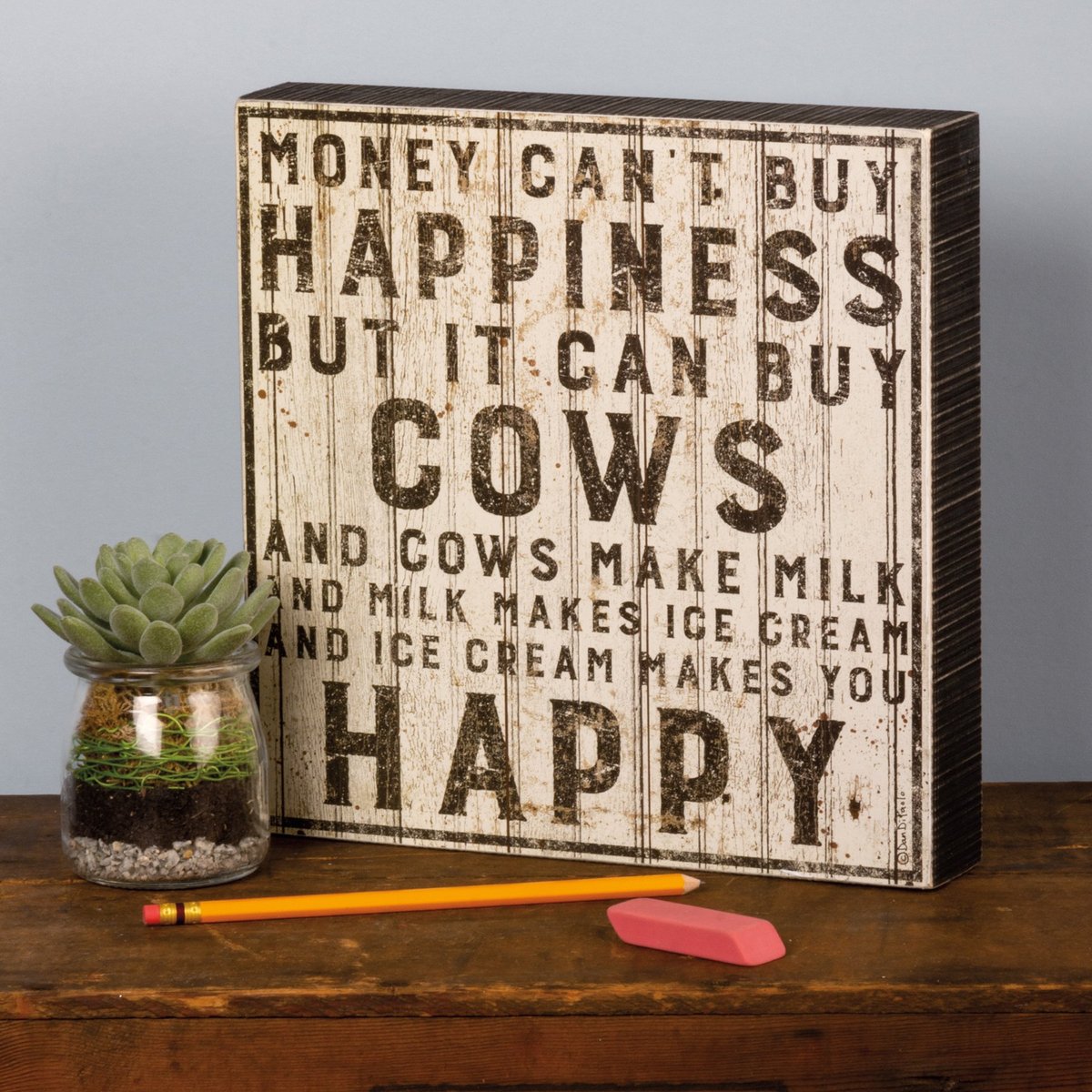 Charming Rustic Wooden Box Sign: Cows, Milk, Ice Cream & Happiness Decor