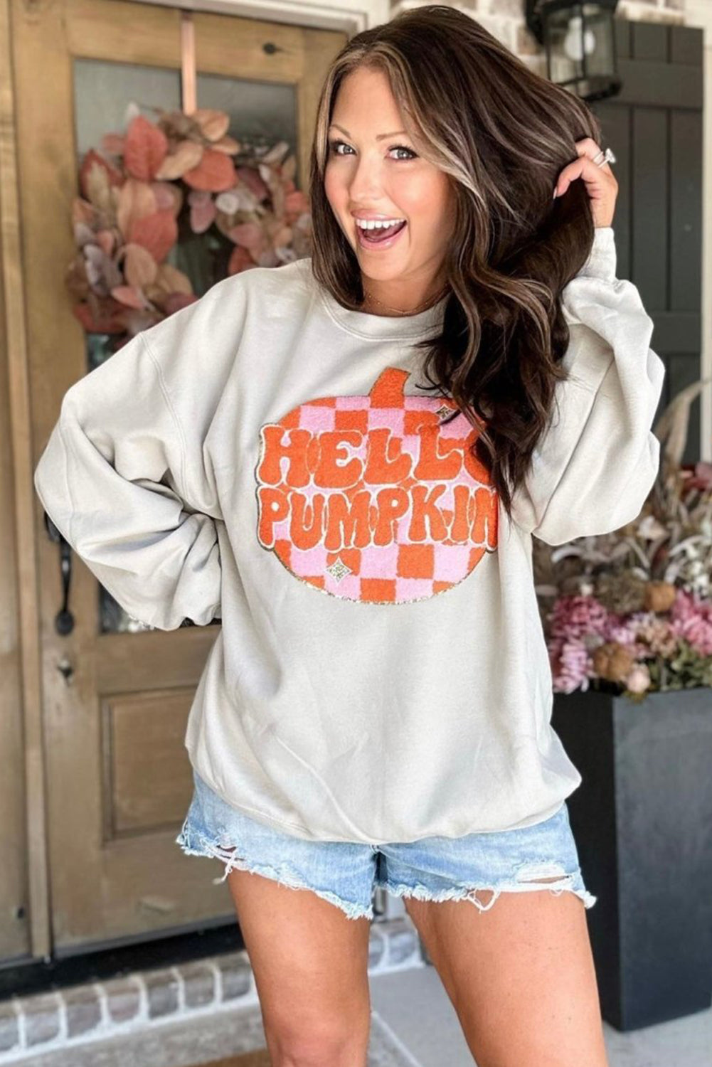 White Halloween Hello Pumpkin Patched Pullover Sweatshirt