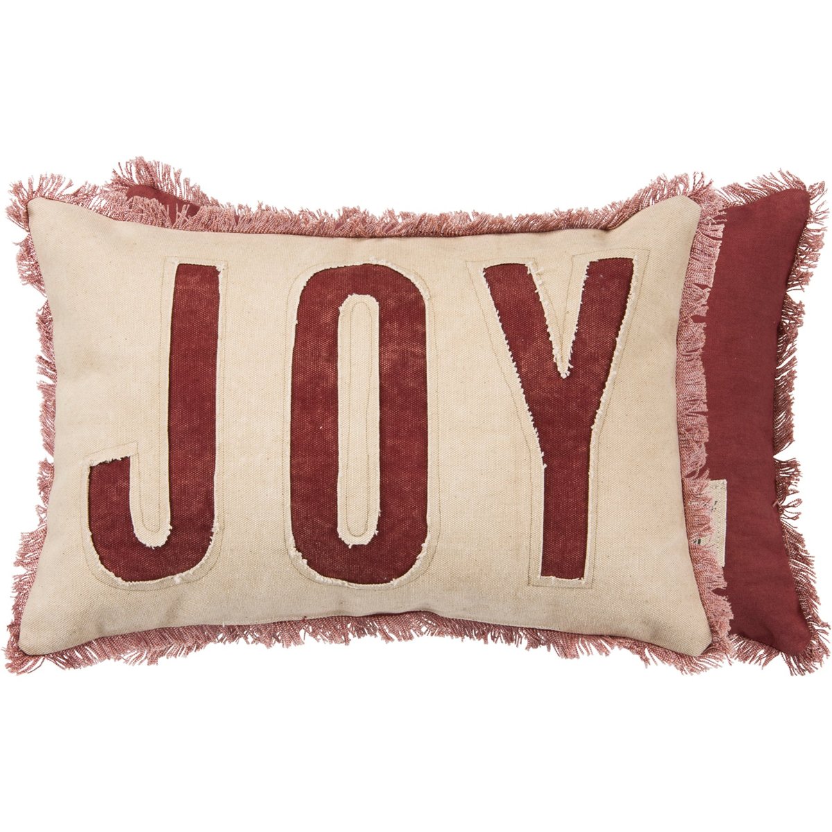 Festive Red Canvas 'Joy' Christmas Pillow with Frayed Accents & Fringe Trim