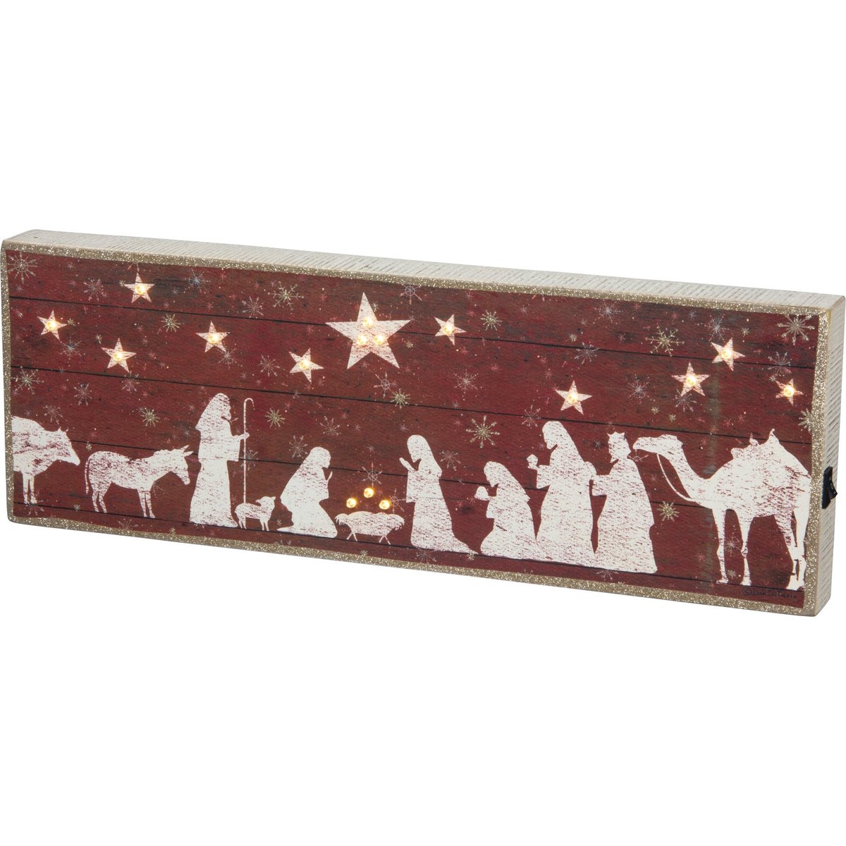 Charming Lighted Wooden Nativity Scene Box Sign with Glitter Accents