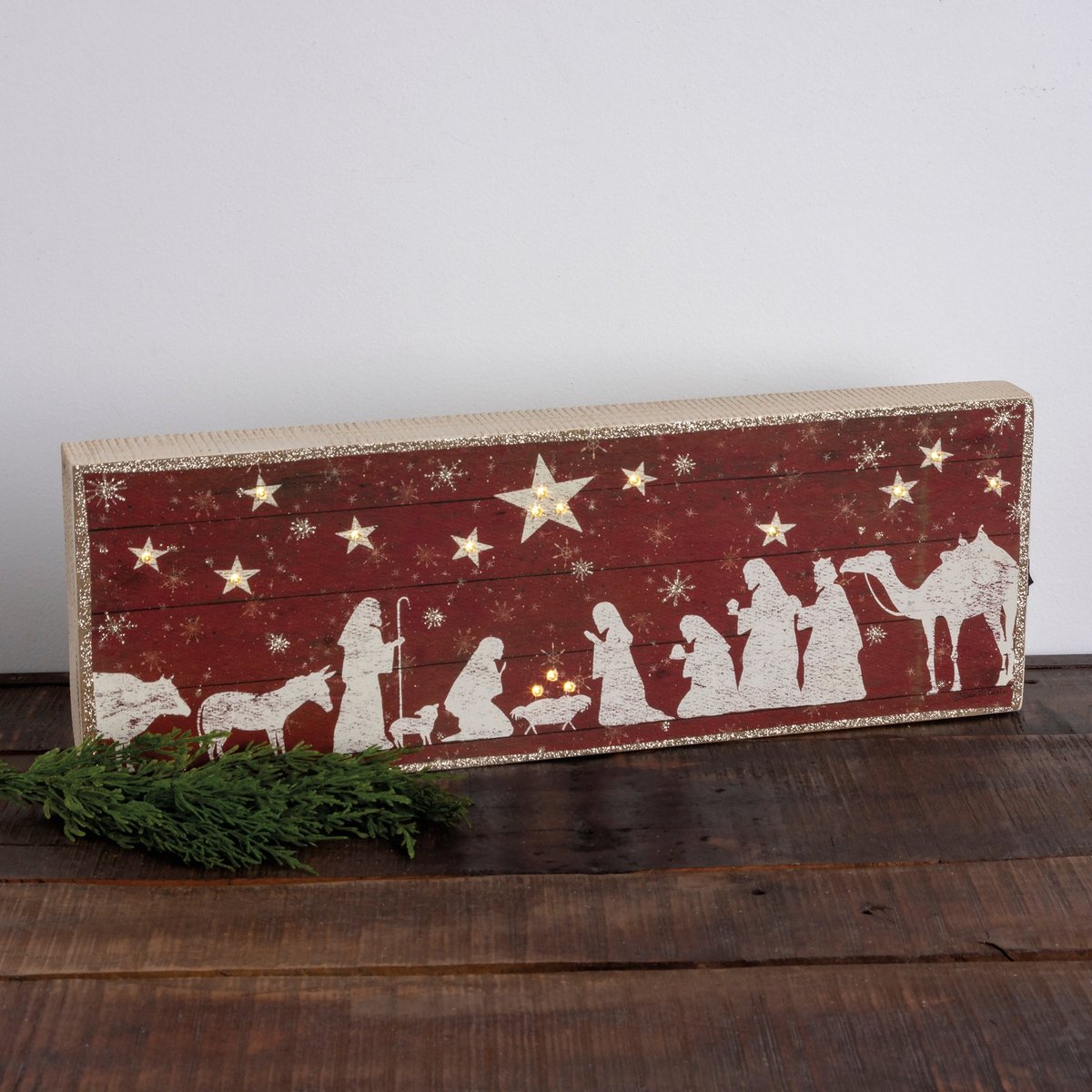 Charming Lighted Wooden Nativity Scene Box Sign with Glitter Accents