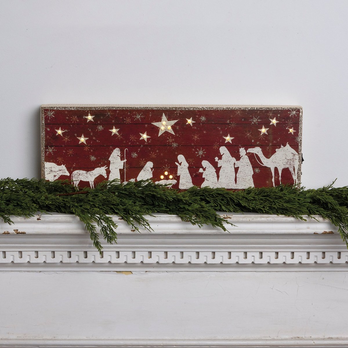 Charming Lighted Wooden Nativity Scene Box Sign with Glitter Accents