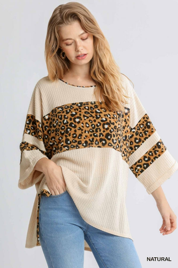 Umgee Animal Print Round Neck 3/4 Sleeve Waffle Knit Top with Side Slits and High Low Hem