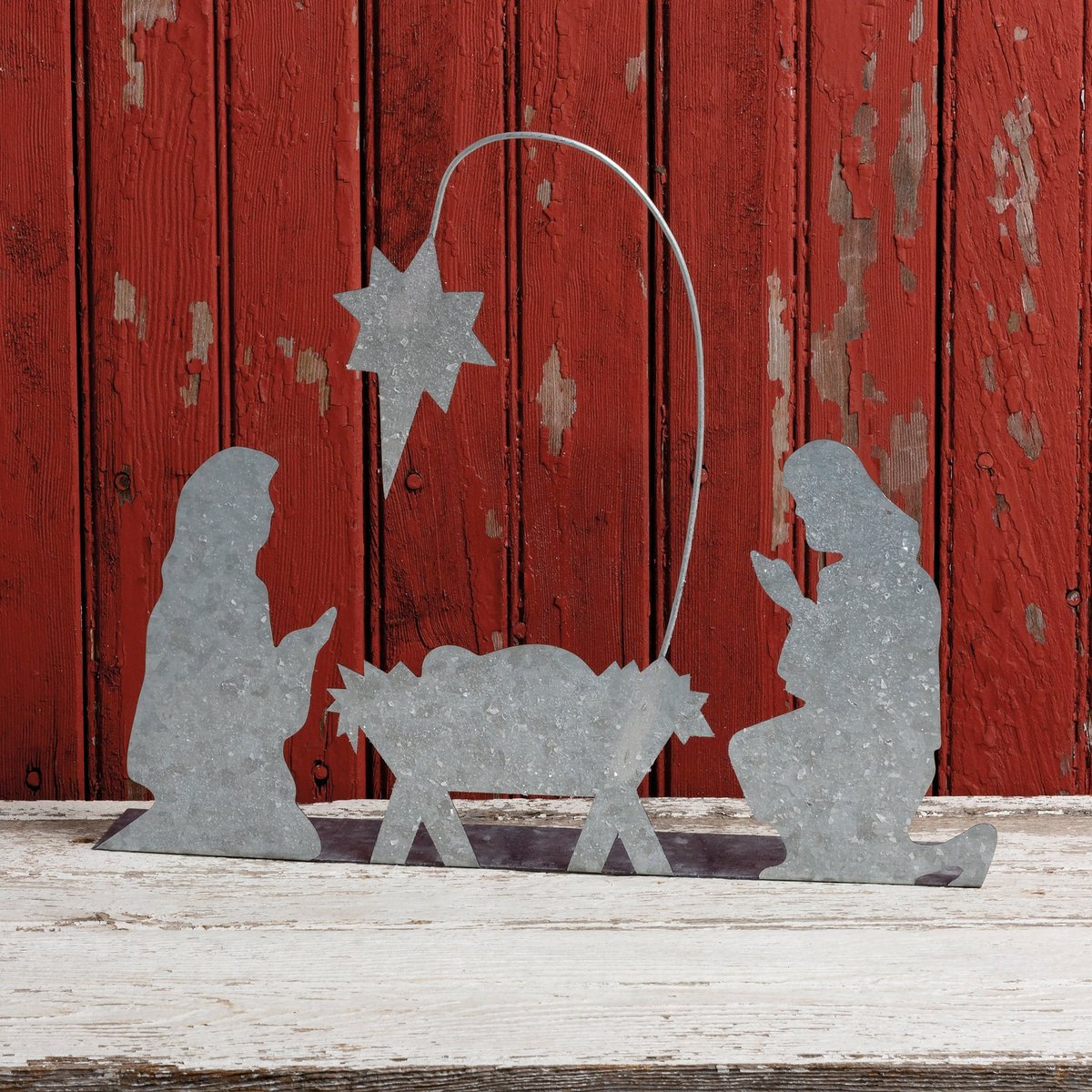 Charming Galvanized Metal Holy Family Nativity Scene Stand Up Decor