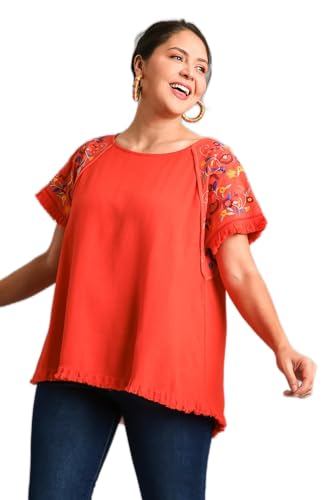 Umgee Embroidery Round Neck Short Sleeve Linen Top with Frayed Ruffle Trim, Floral Embroidered Sleeves & Seam Detail