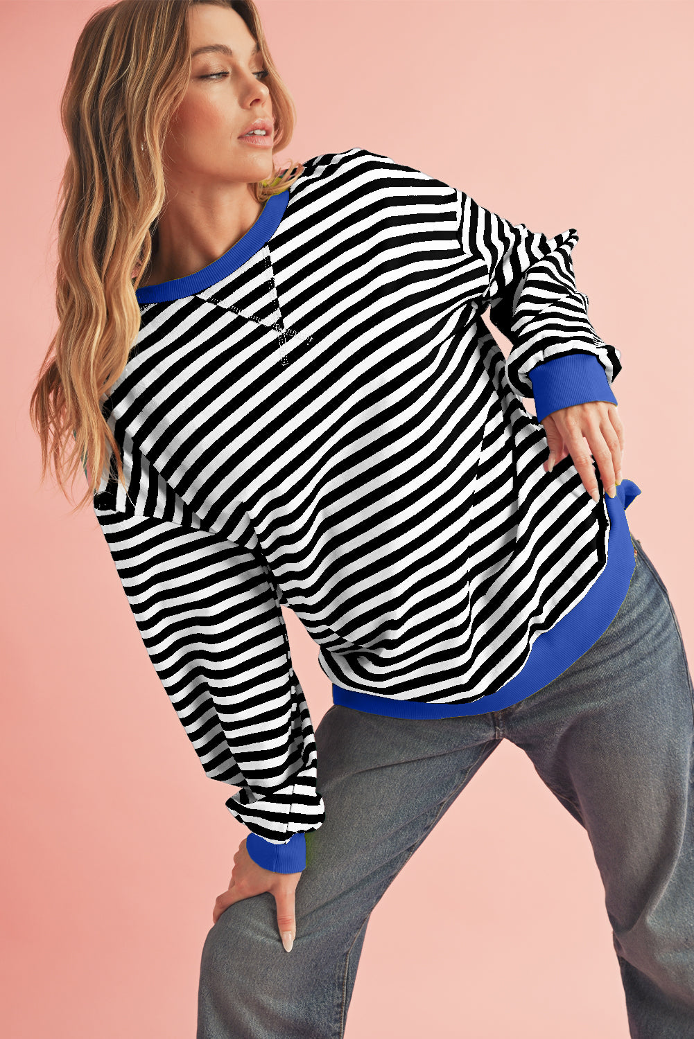 Sky Blue Stripe Contrast Edge Oversized Pullover