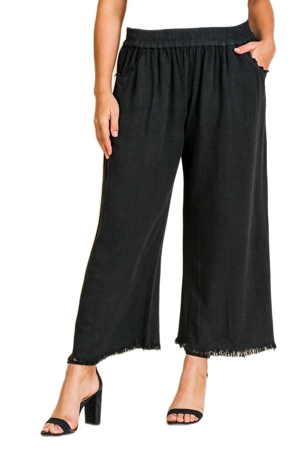 Umgee Wide Leg Pant with Elastic Waist, Pockets, and Frayed Hem