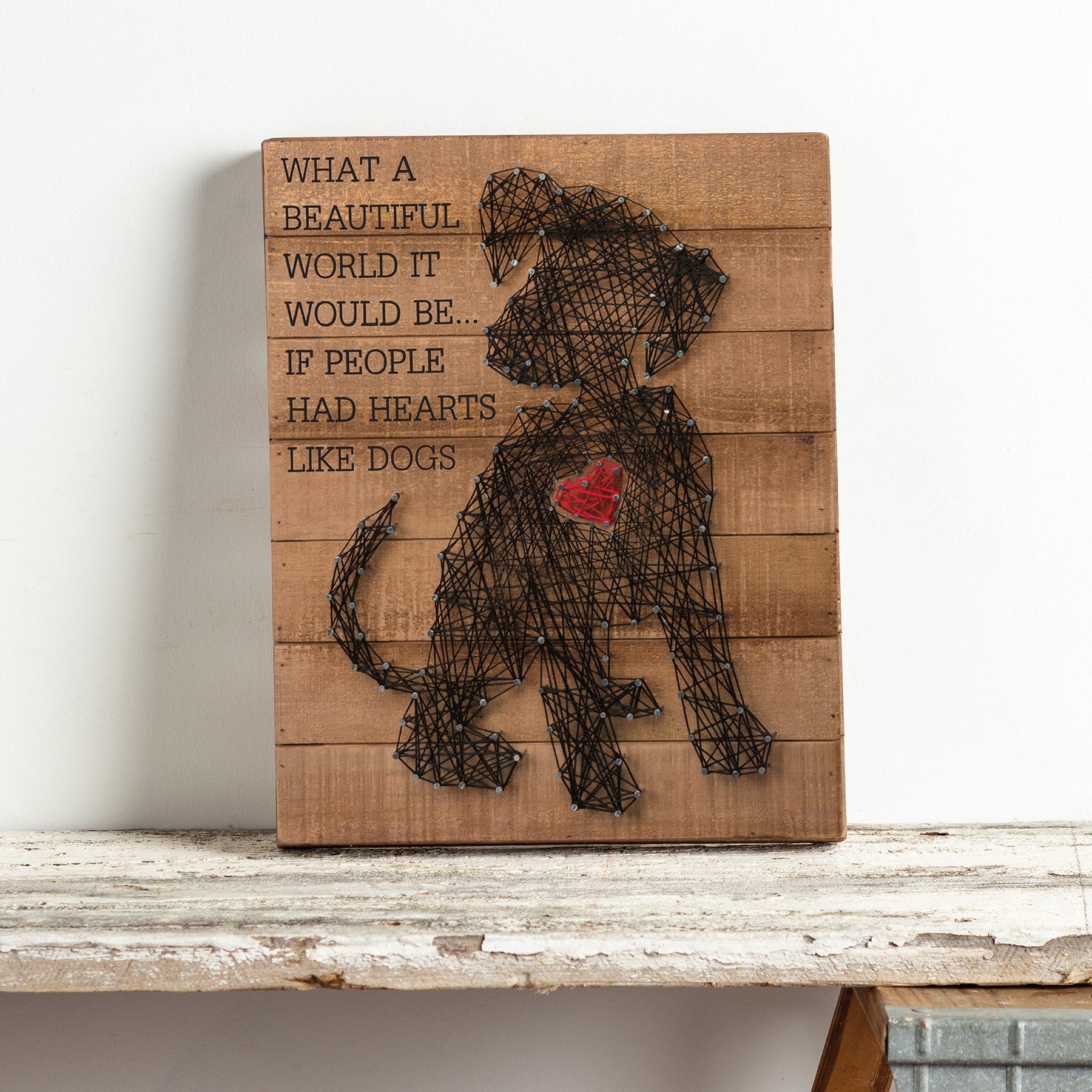 Beautiful World Hearts Like Dogs String Art Slat Wood Sign Pet Decor